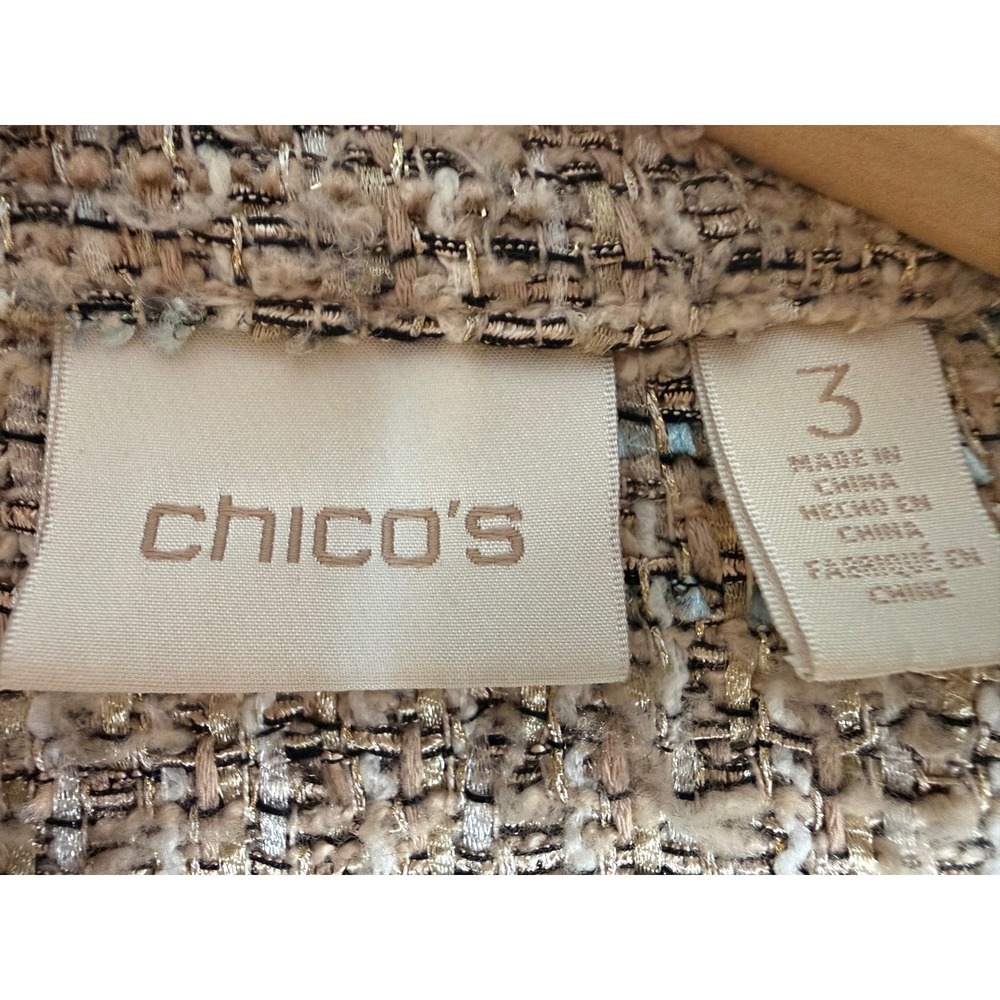 Chico's Tweed Fringe Topper Jacket Women Size 3 XL Beige Gold Open Front Coat - Picture 3 of 11